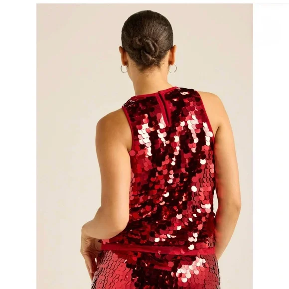 Red Sequin Sleeveless Top Scoop Women's Paillette Sequin Tank Top XS NWT - Picture 2 of 5